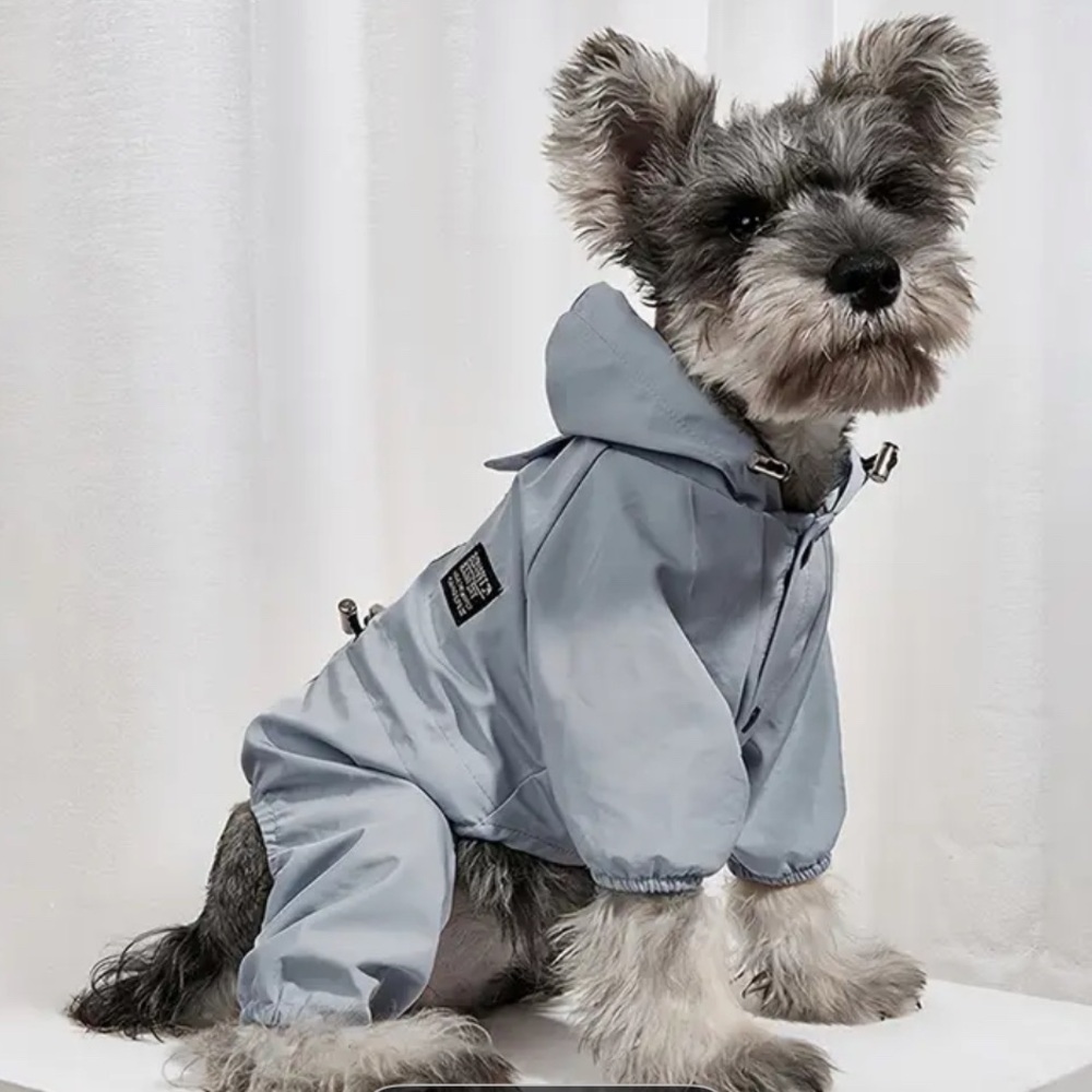Small dog Bluish Grey Dog Raincoat with Hood and Pants